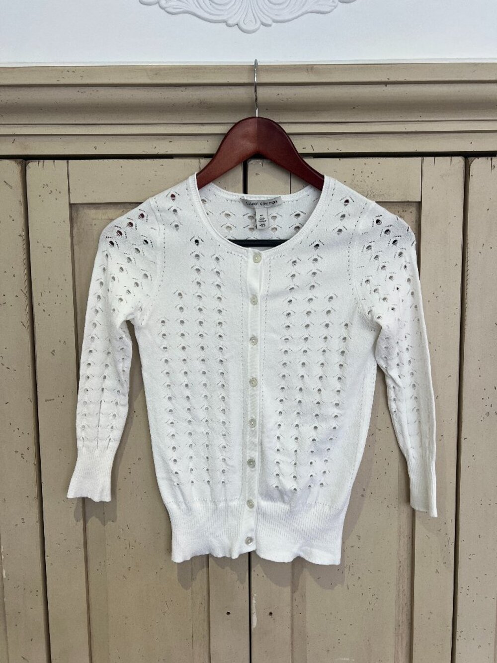 Autumn Cashmere White Pointelle Cardigan Eyelet Knit 3/4 Sleeve Button Front XS